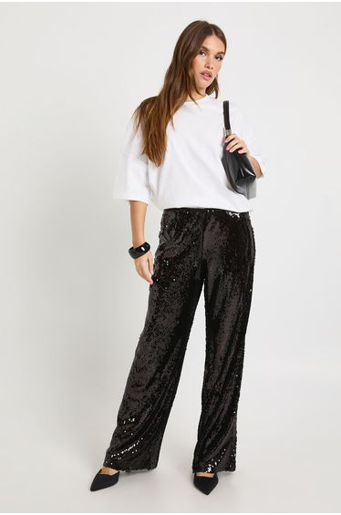 Low Rise Drawcord Waistband Sequin Trouser - black