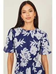 Yumi Navy Flower Stretch Mesh Midi Dress With Angel Sleeves - 2