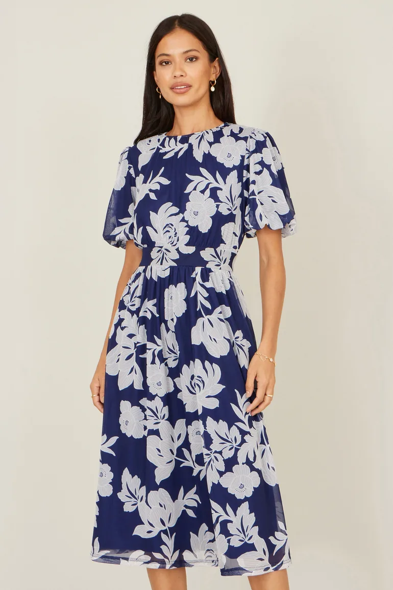 Yumi Navy Flower Stretch Mesh Midi Dress With Angel Sleeves - 1