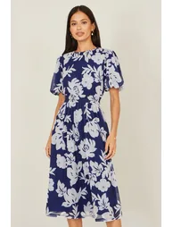 Yumi Navy Flower Stretch Mesh Midi Dress With Angel Sleeves - 1