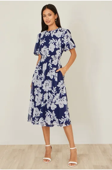 فستان ميدي ميش إستريتش بأكمام إينجيل بأزهار - كحلي