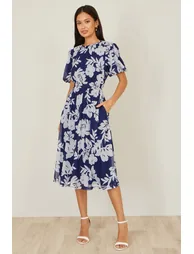 Yumi Navy Flower Stretch Mesh Midi Dress With Angel Sleeves
