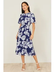Yumi Navy Flower Stretch Mesh Midi Dress With Angel Sleeves - 3