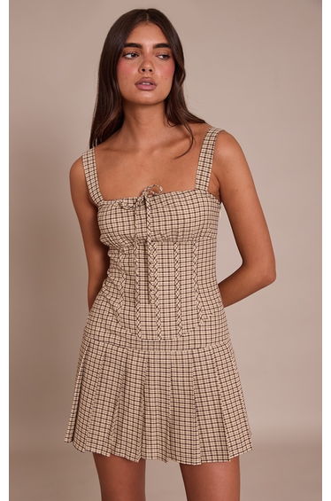Cream Check Tie Detail Strappy Shift Dress