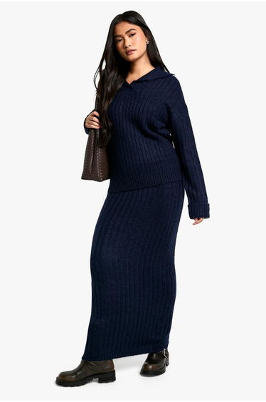 Soft Knit Thick Rib Collar Detail Jumper And Maxi Skirt Set