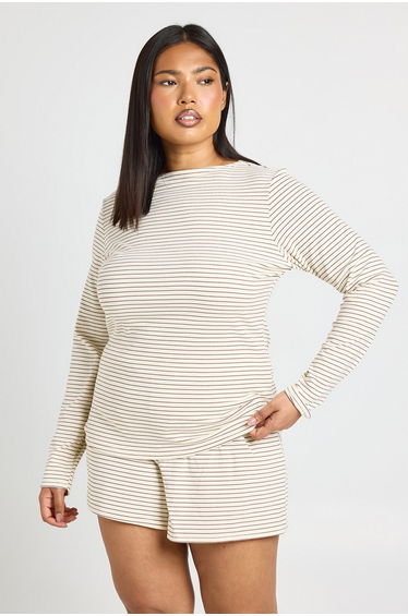 Plus Soft Rib Stripe Long Sleeve Top & Short Pyjama Set - cream