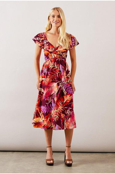 Petite Palm Viscose Ruched Midi Dress