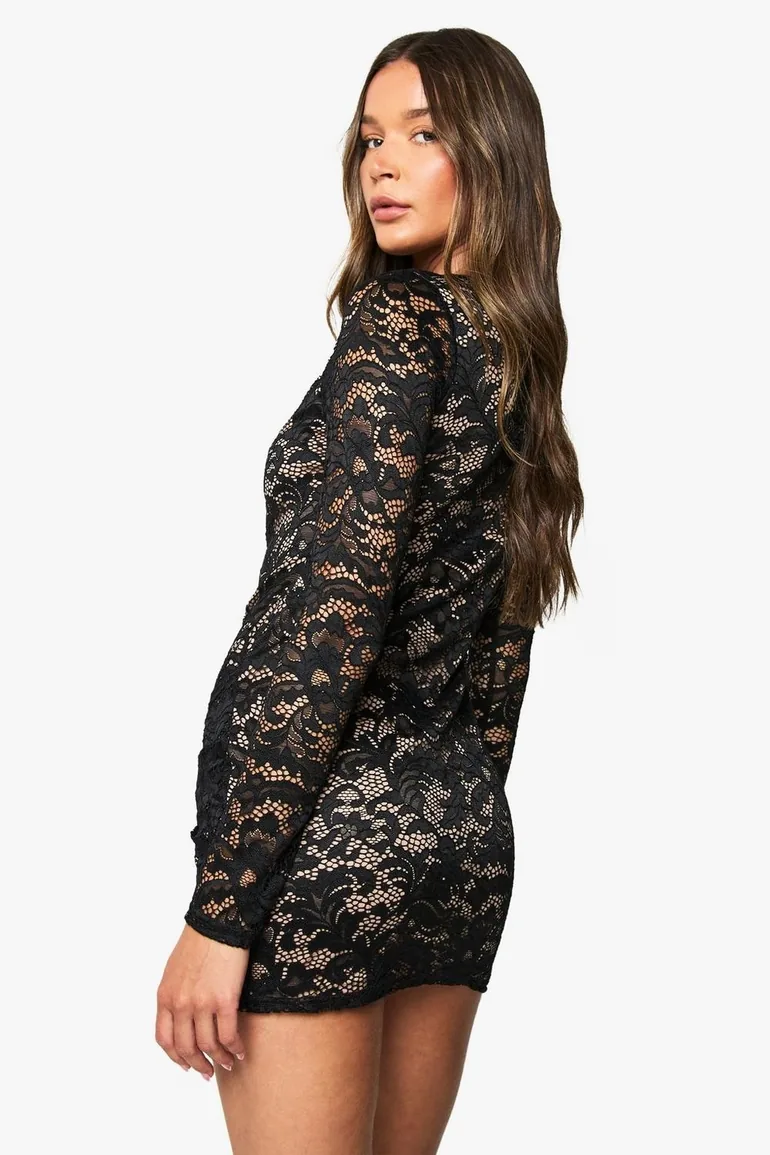 Lace Trim Detail Mini Dress - black - 2