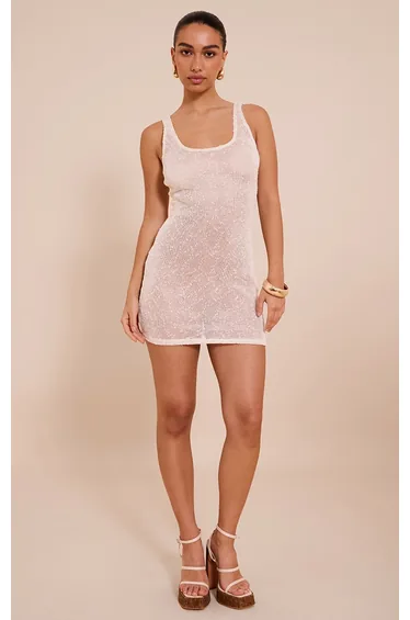 Cream Sequin Sheer Racer Neck Mini Dress
