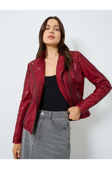 Burgundy Textured Biker Jacket