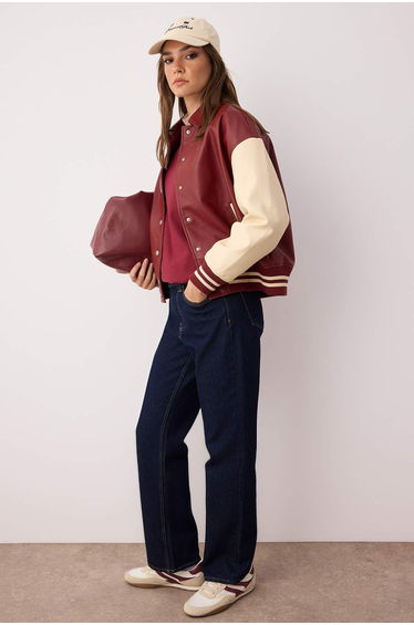 Burgundy-Cream Oversize Pattern Faux Leather College Bomber Jacket Coats