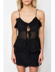 Black Tulle Tie Detailed Strappy Stretchy Knitted Blouse - 3