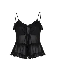 Black Tulle Tie Detailed Strappy Stretchy Knitted Blouse - 6