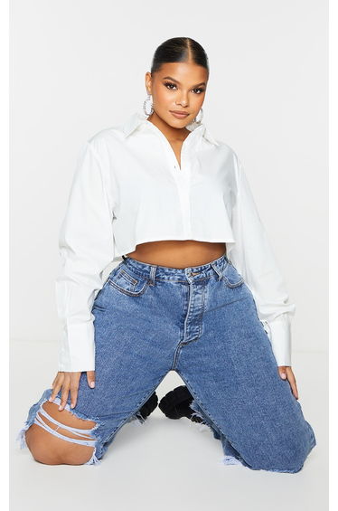 Plus White Cotton Oversized Crop Shirt
