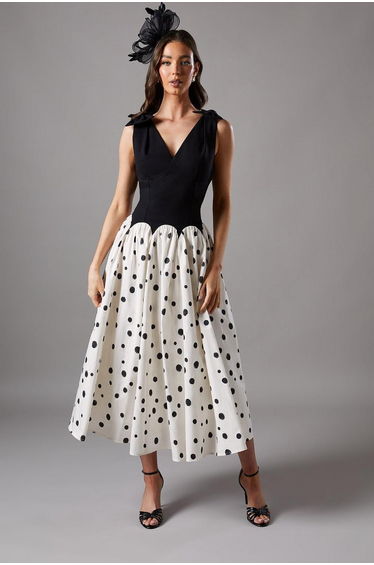 Mono Races Drop Waist Bow Shoulder Midi Dress