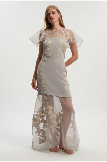 Tall Quilted Applique Organdie Angel Sleeve Woven Maxi Dress