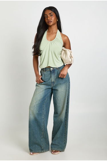 Ruched Halter Neck Drape Top - sage