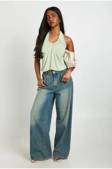 Ruched Halter Neck Drape Top - sage