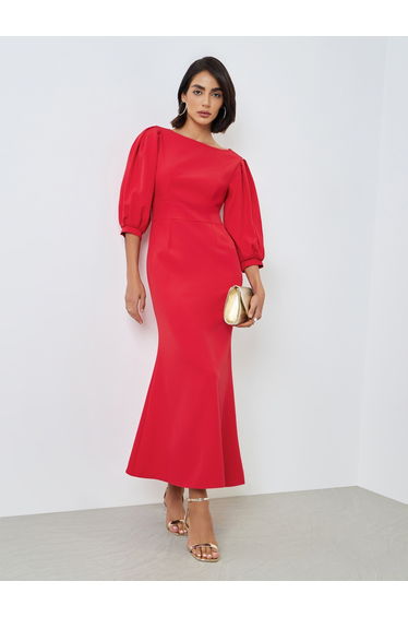 Red 3/4 Sleeve Sheath Maxi Dress