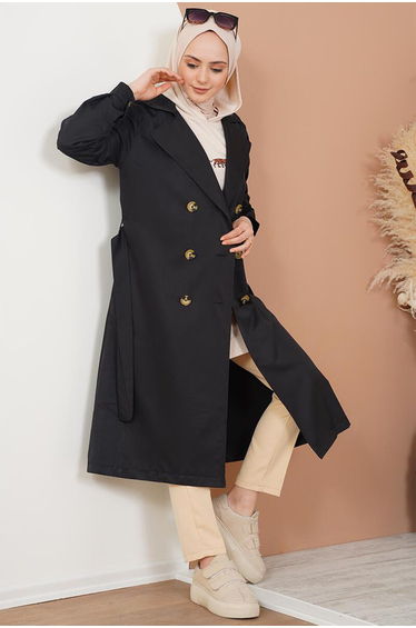 Double Breasted Hijab Trench Coat - Black