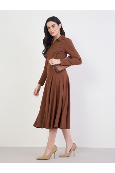 Brown Long Sleeves A-Line Midi Dress
