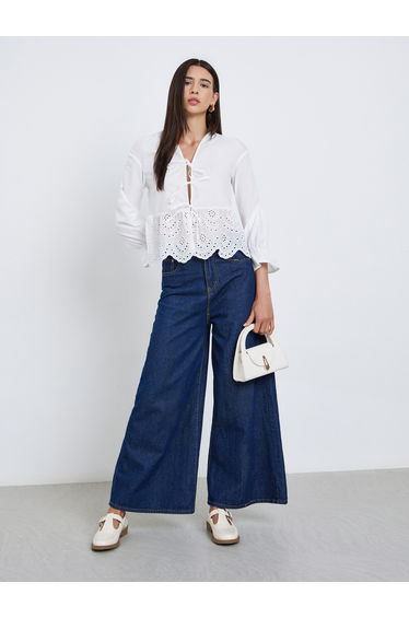 White Long Sleeve Tie-Front Top