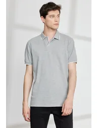 Men's Gray Melange Slim Fit Slim Fit Polo Neck 100% Cotton Short Sleeve T-Shirt - 5