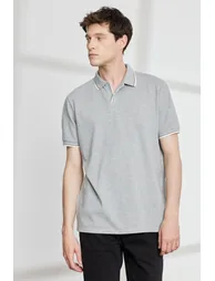 Men's Gray Melange Slim Fit Slim Fit Polo Neck 100% Cotton Short Sleeve T-Shirt