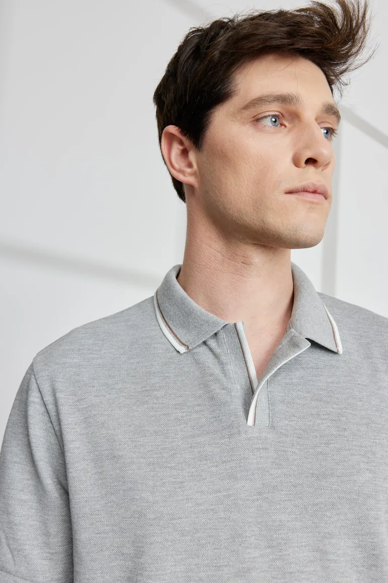 Men's Gray Melange Slim Fit Slim Fit Polo Neck 100% Cotton Short Sleeve T-Shirt - 2