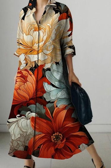 Long Sleeves Loose Flower Print Lapel Dresses Shirt Dress