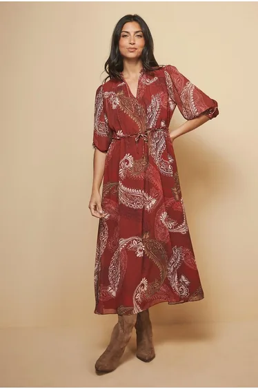 Paisley Shirred Tie Front Midaxi Dress