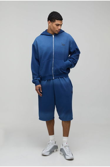 Oversized Boxy Ombre Wash M Star Zip Through Hooded Jort Tracksuit - blue