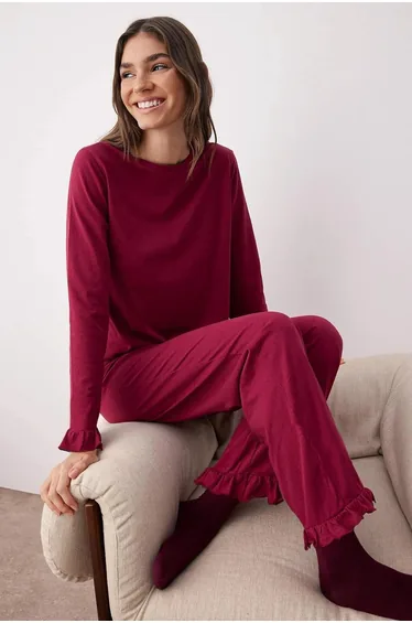 Burgundy 100% Cotton Ruffle Knitted Pajama Set