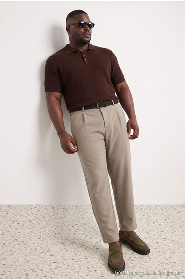 Big Size Brown Regular Fit Textured Polo Neck Knitwear T-Shirt