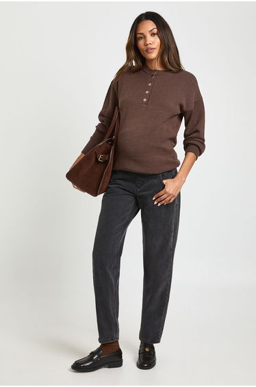 Maternity Gold Button Jumper - chocolate