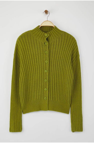 Wardrope Essentials Oil Green Wide-Cut Ribbed Soft Textured Knit Cardigan |