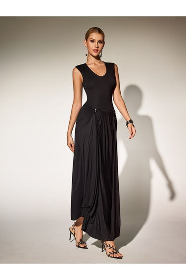 Paldor V Neck Ruched Maxi Dress In Black