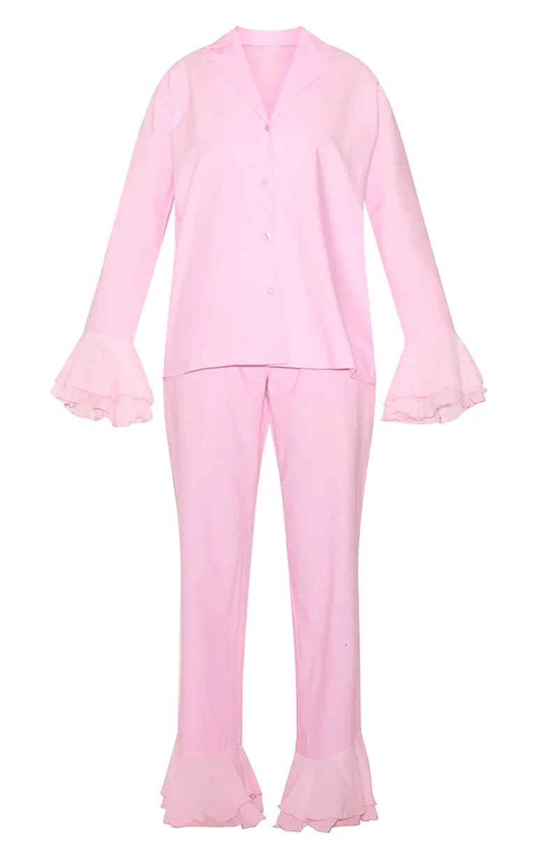 Pink Frill Hem Cotton Long Pj Set - 4