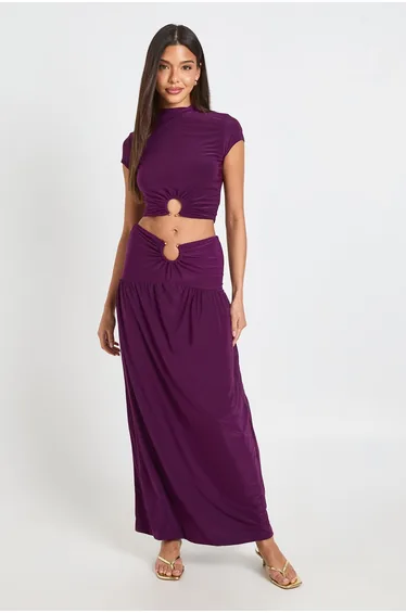 Double Layer Slinky Cropped Top with Ring Triim - plum