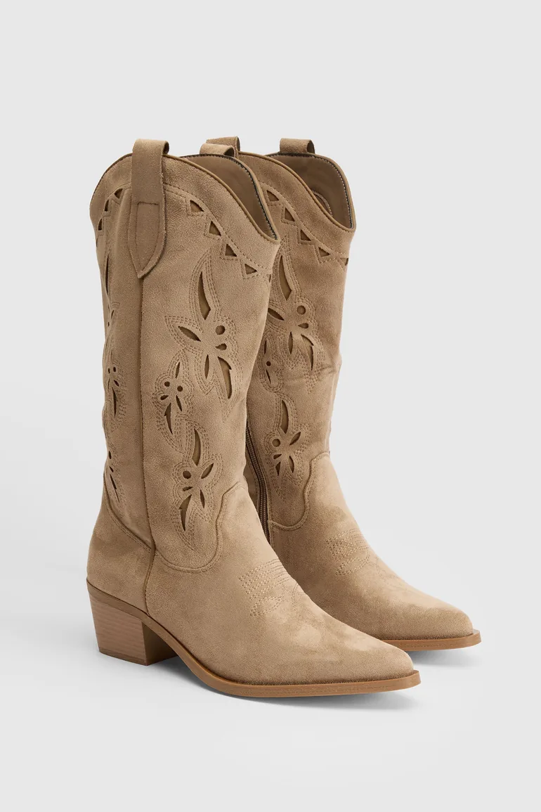 Faux Suede Cut Out Detail Knee High Western Boots - taupe - 2