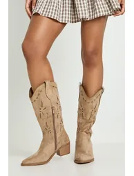 Faux Suede Cut Out Detail Knee High Western Boots - taupe