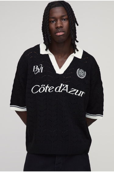 Oversized Boxy Embroidered Pointelle Knitted Polo - black
