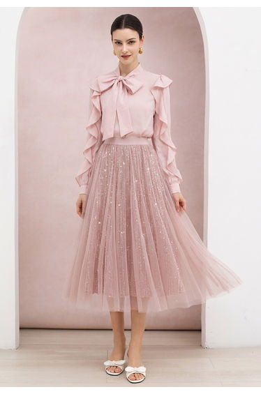 Ruffled Trim Sleeves Tie-Bow Top in Pink for Office Looks & Brunch Outings
