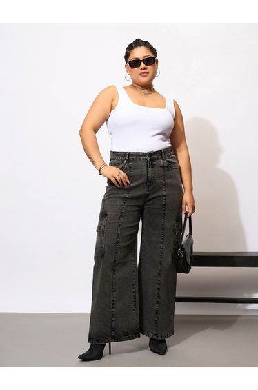 Plus Size Black Acid Wash Cargo Jeans