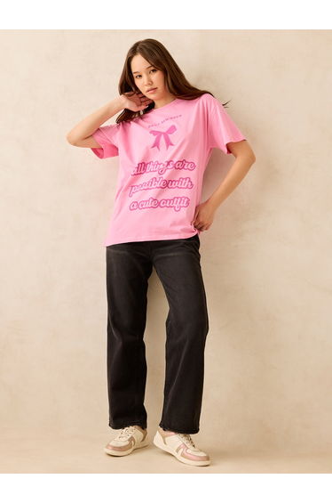 Pink Crew Neck Graphic T-Shirt