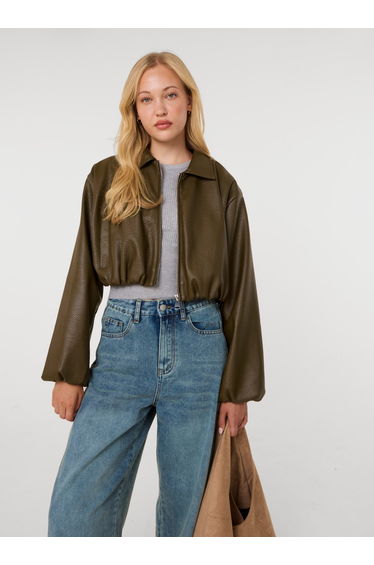 Faux Leather Puffball Jacket