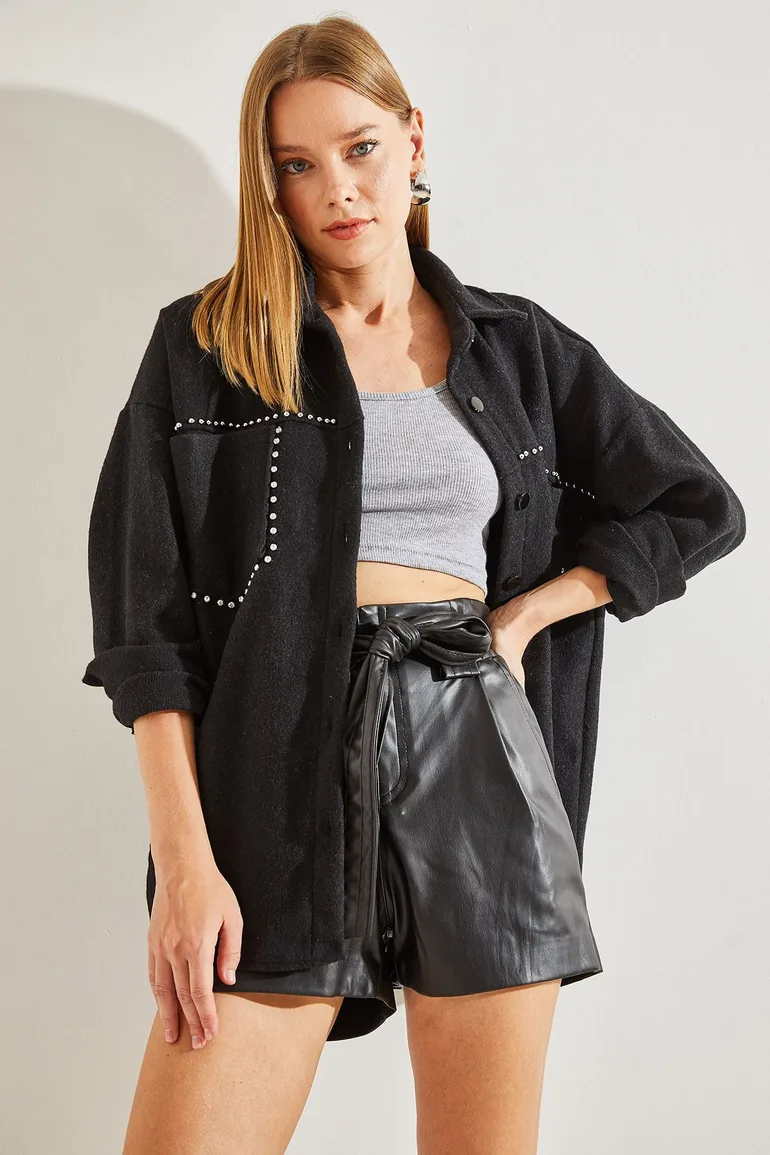 Women's Stone Embroidered Cachet Jacket with Double Pockets - 3