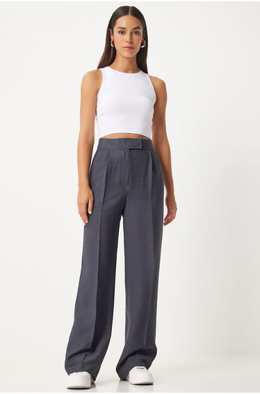 Women's Anthracite Hook and Loop Closure Loose Linen Trousers