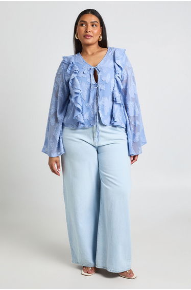 Plus Burnout Ruffle Front Tie Blouse - powder blue