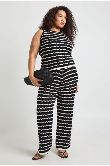 Plus Crochet Stripe Knit Top and Wide Leg Co-Ord - mono
